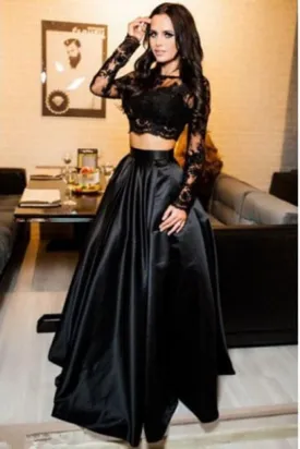 A-line Black Two Piece Long Sleeve Floor Length Satin Evening Dress with Lace
