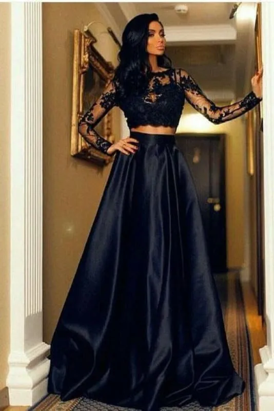 A-line Black Two Piece Long Sleeve Floor Length Satin Evening Dress with Lace