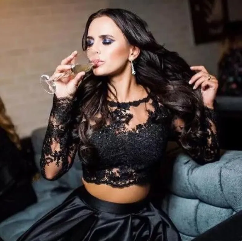 A-line Black Two Piece Long Sleeve Floor Length Satin Evening Dress with Lace