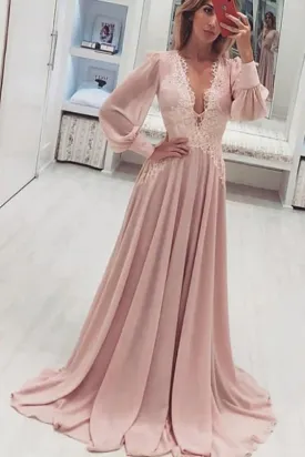 A-Line Deep V-Neck Pink Prom Dress with Appliques Long Sleeves