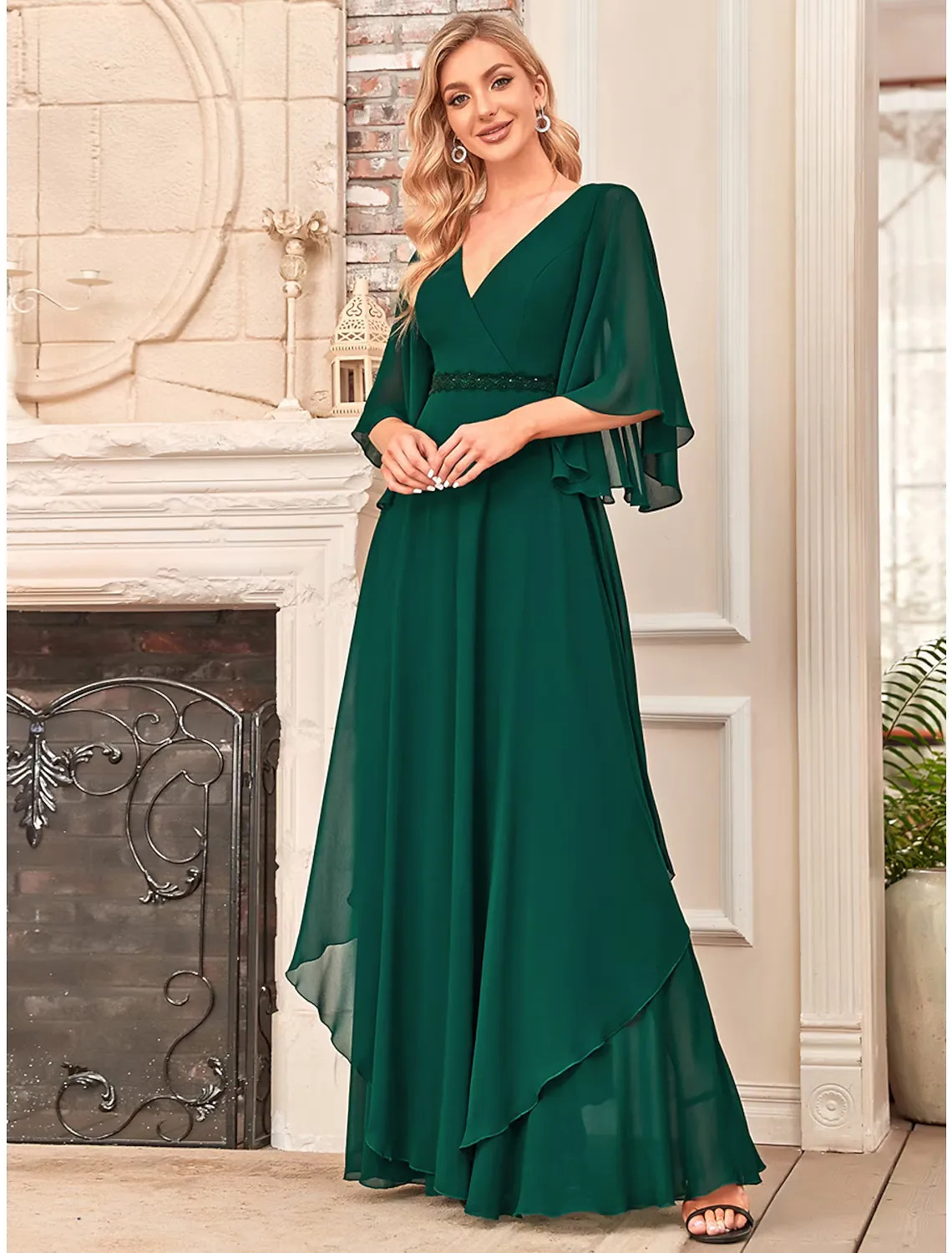 A-Line Mother of the Bride Dress Elegant V Neck Floor Length Chiffon Half Sleeve with Sash Ribbon