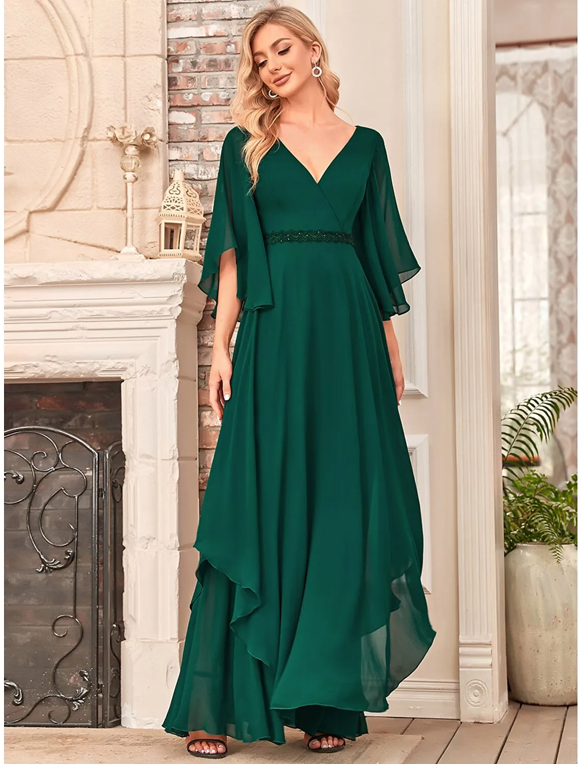 A-Line Mother of the Bride Dress Elegant V Neck Floor Length Chiffon Half Sleeve with Sash Ribbon