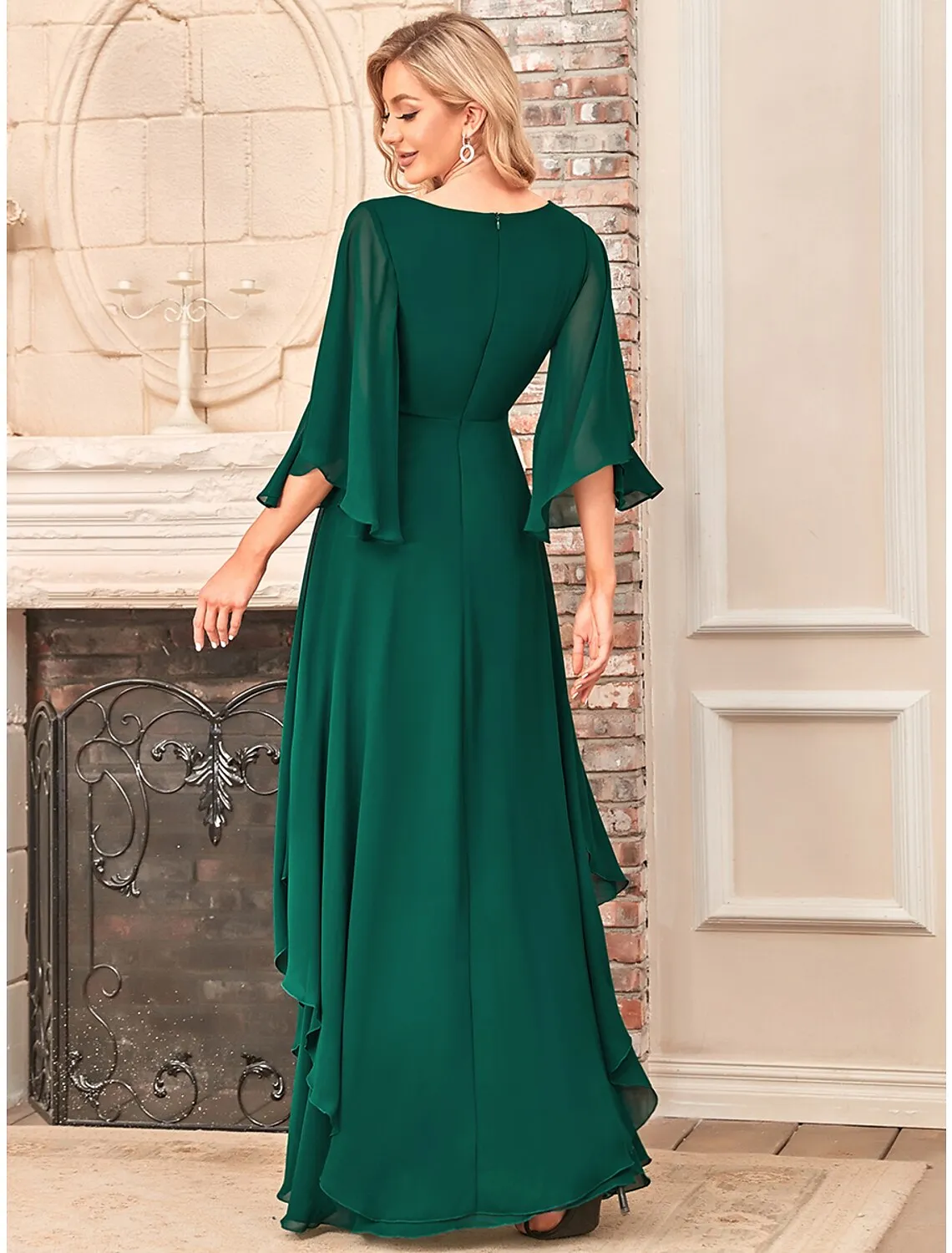 A-Line Mother of the Bride Dress Elegant V Neck Floor Length Chiffon Half Sleeve with Sash Ribbon
