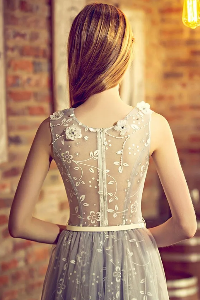 A-line V-neck Floor-Length Tulle Appliqued Beaded Prom Dresses ASD26822