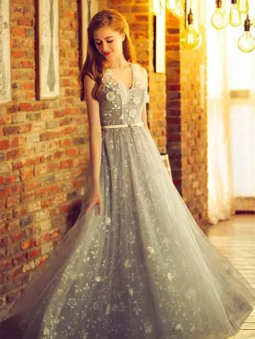 A-line V-neck Floor-Length Tulle Appliqued Beaded Prom Dresses ASD26822