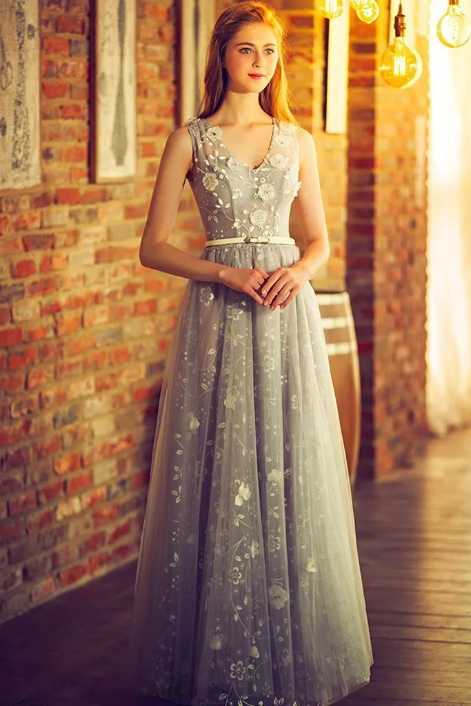 A-line V-neck Floor-Length Tulle Appliqued Beaded Prom Dresses ASD26822