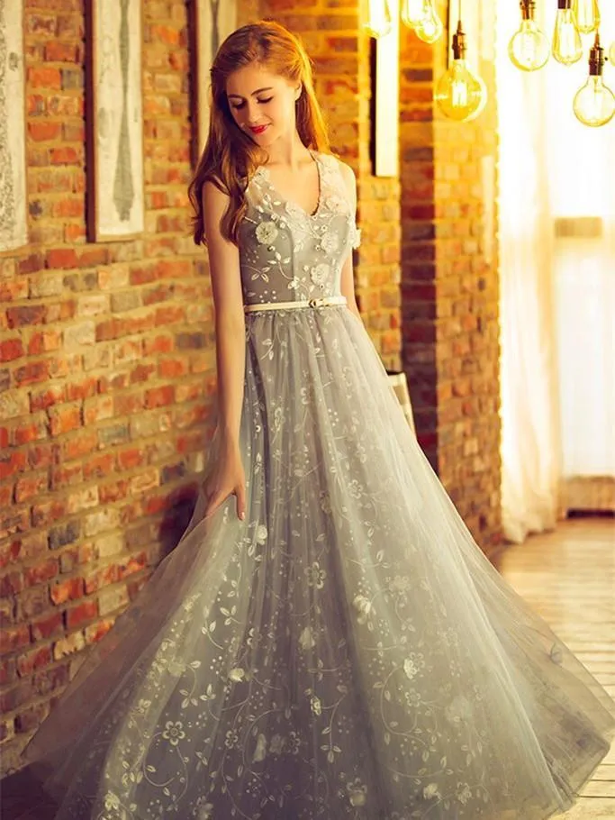 A-line V-neck Floor-Length Tulle Appliqued Beaded Prom Dresses ASD26822
