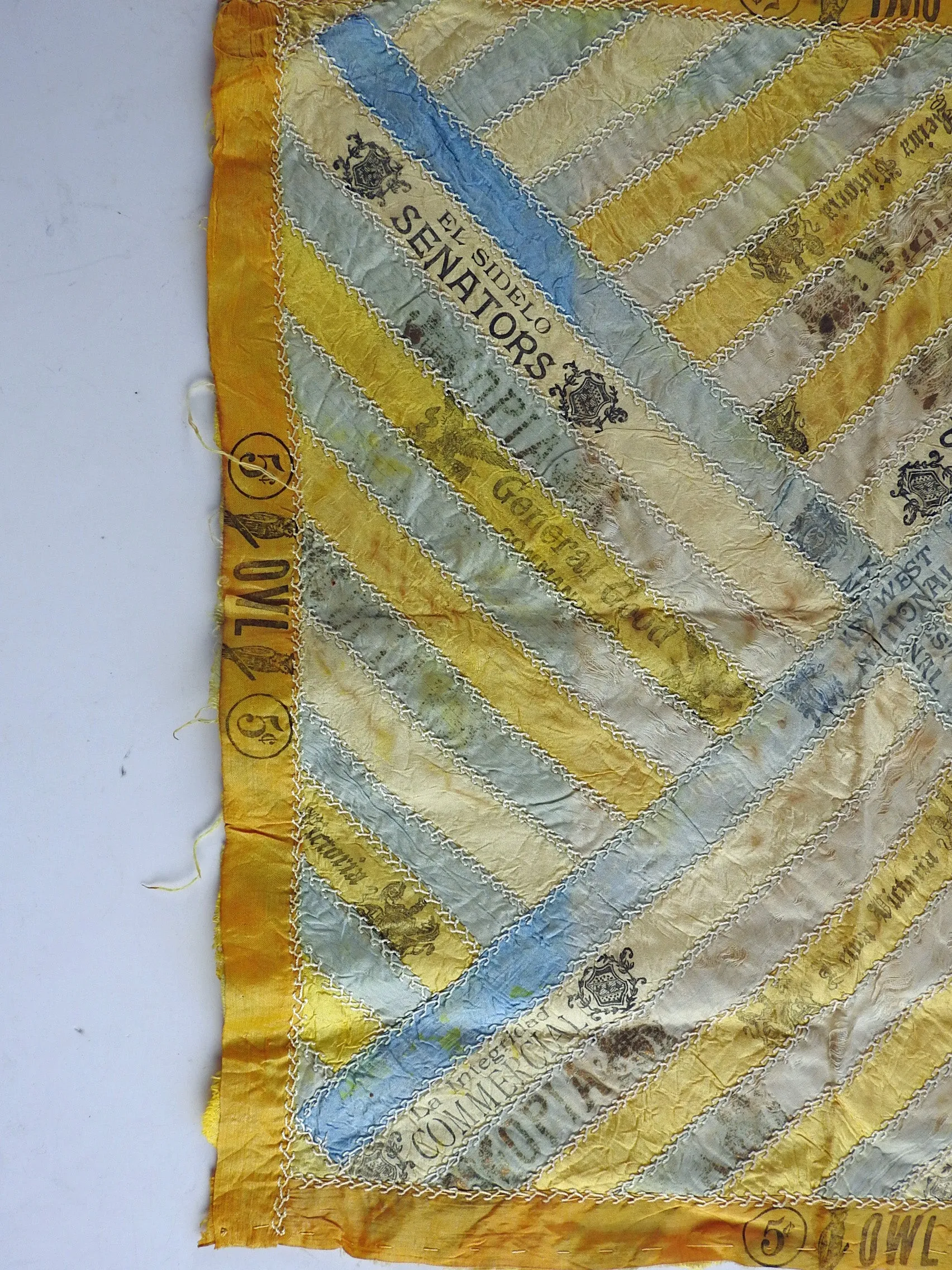 Antique Quilt Block Hand Embroidered Silk Cigar Ribbon