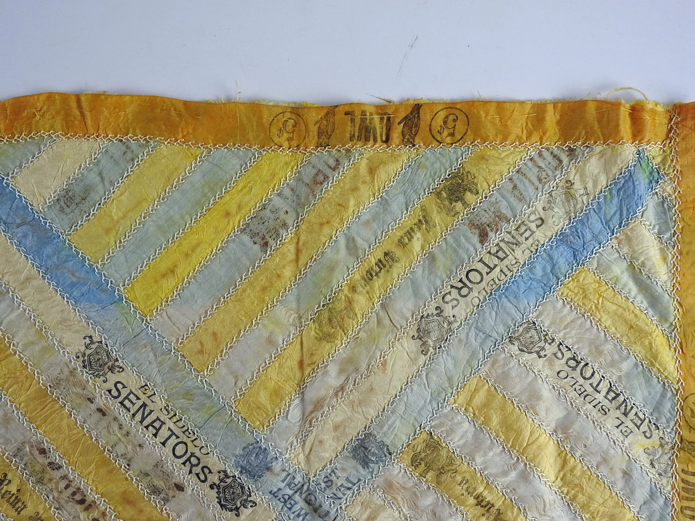 Antique Quilt Block Hand Embroidered Silk Cigar Ribbon