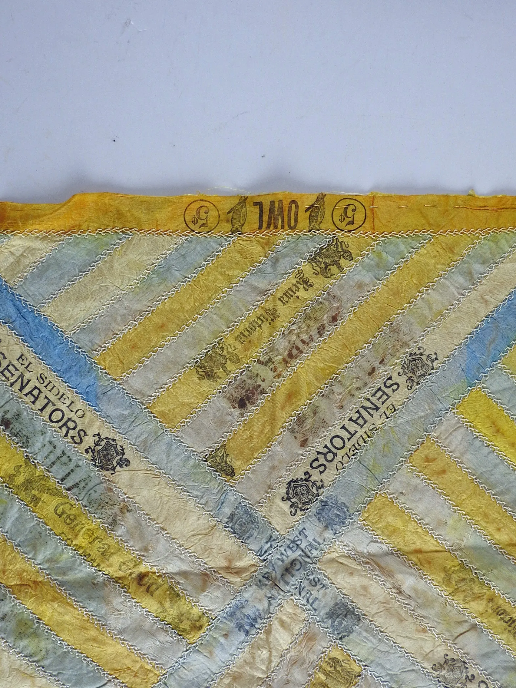 Antique Quilt Block Hand Embroidered Silk Cigar Ribbon
