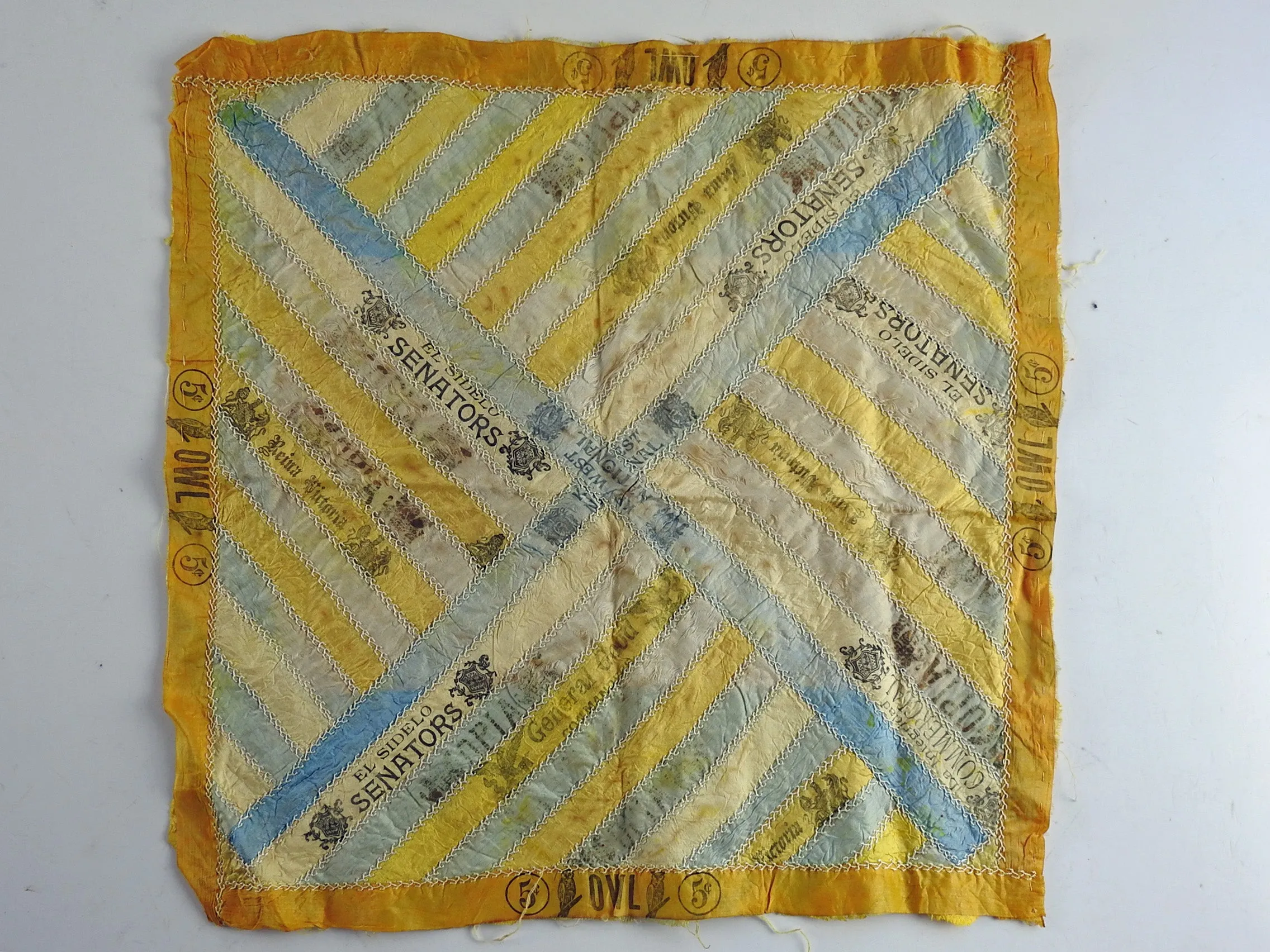 Antique Quilt Block Hand Embroidered Silk Cigar Ribbon
