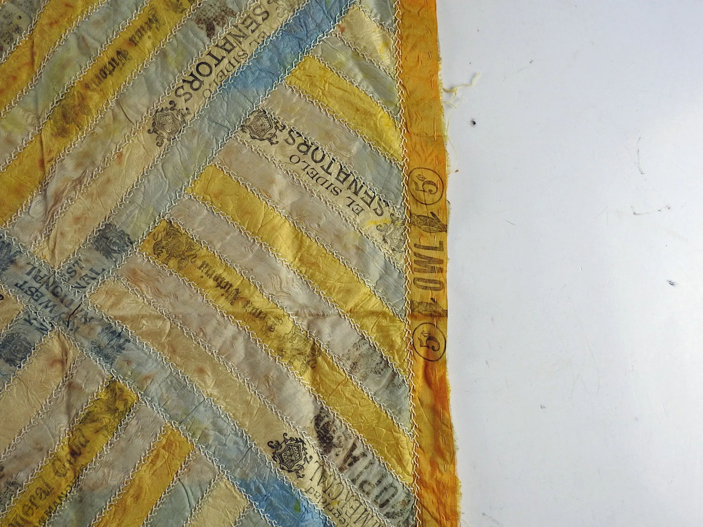 Antique Quilt Block Hand Embroidered Silk Cigar Ribbon
