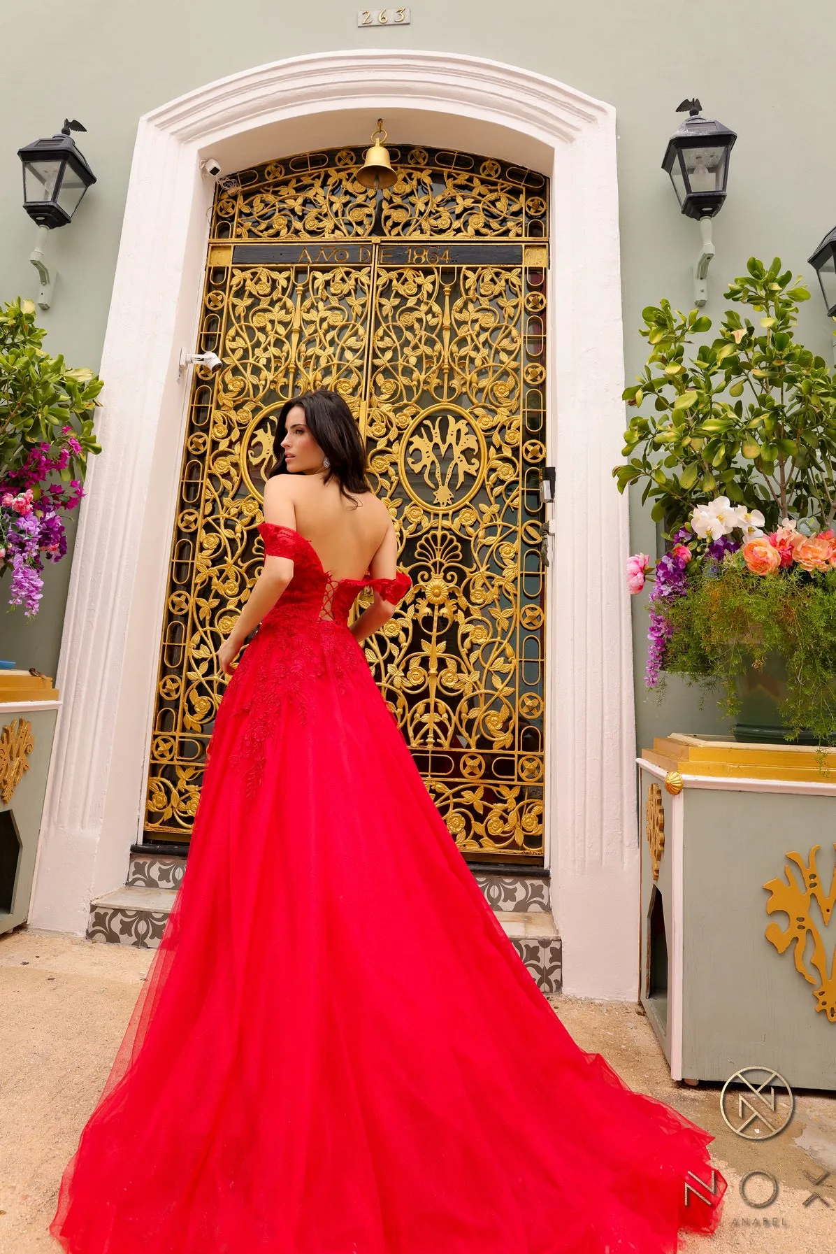 Applique Off Shoulder Ball Gown by Nox Anabel R1303