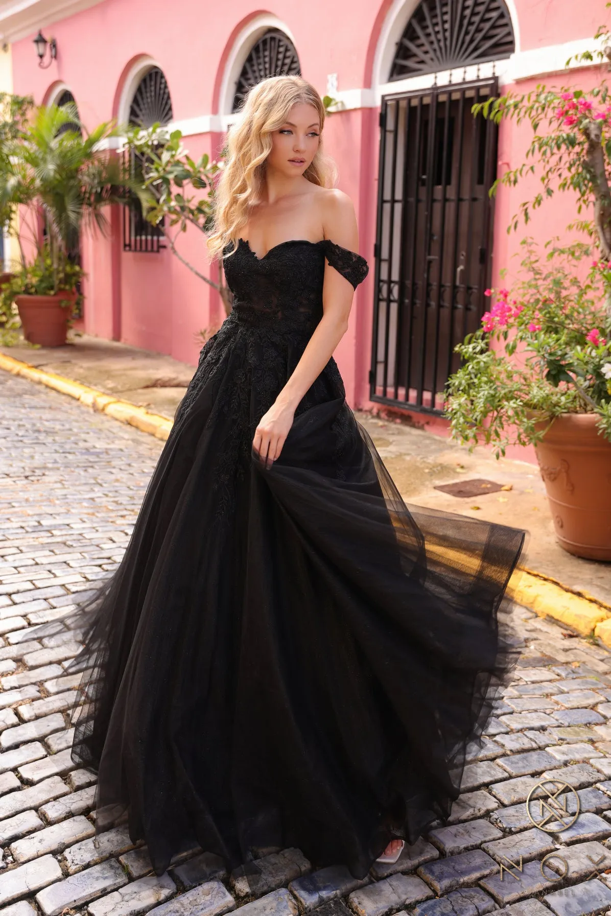 Applique Off Shoulder Ball Gown by Nox Anabel R1303