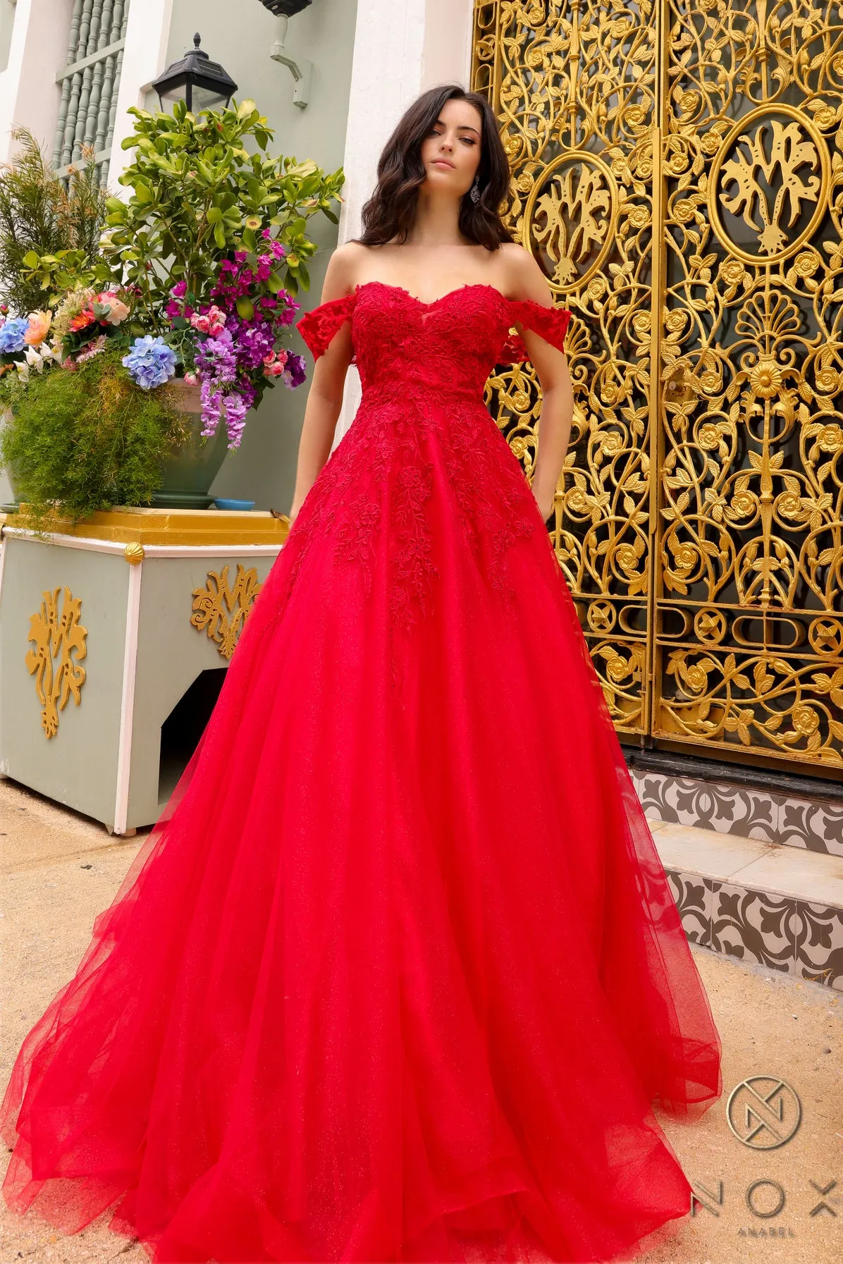 Applique Off Shoulder Ball Gown by Nox Anabel R1303