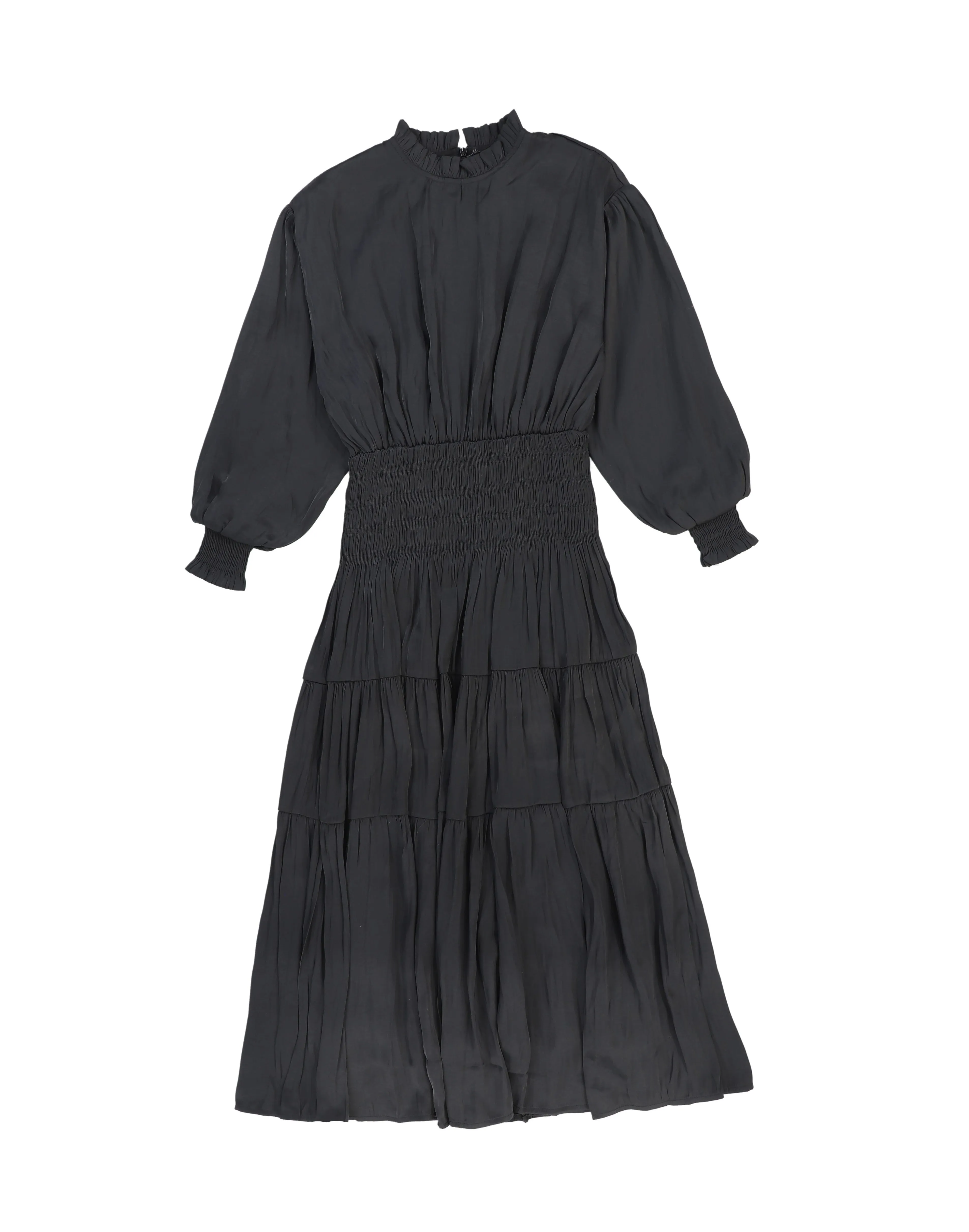 Bamboo Black Silk Smock Waisted Puff Sleeve Dress