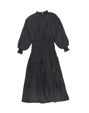 Bamboo Black Silk Smock Waisted Puff Sleeve Dress