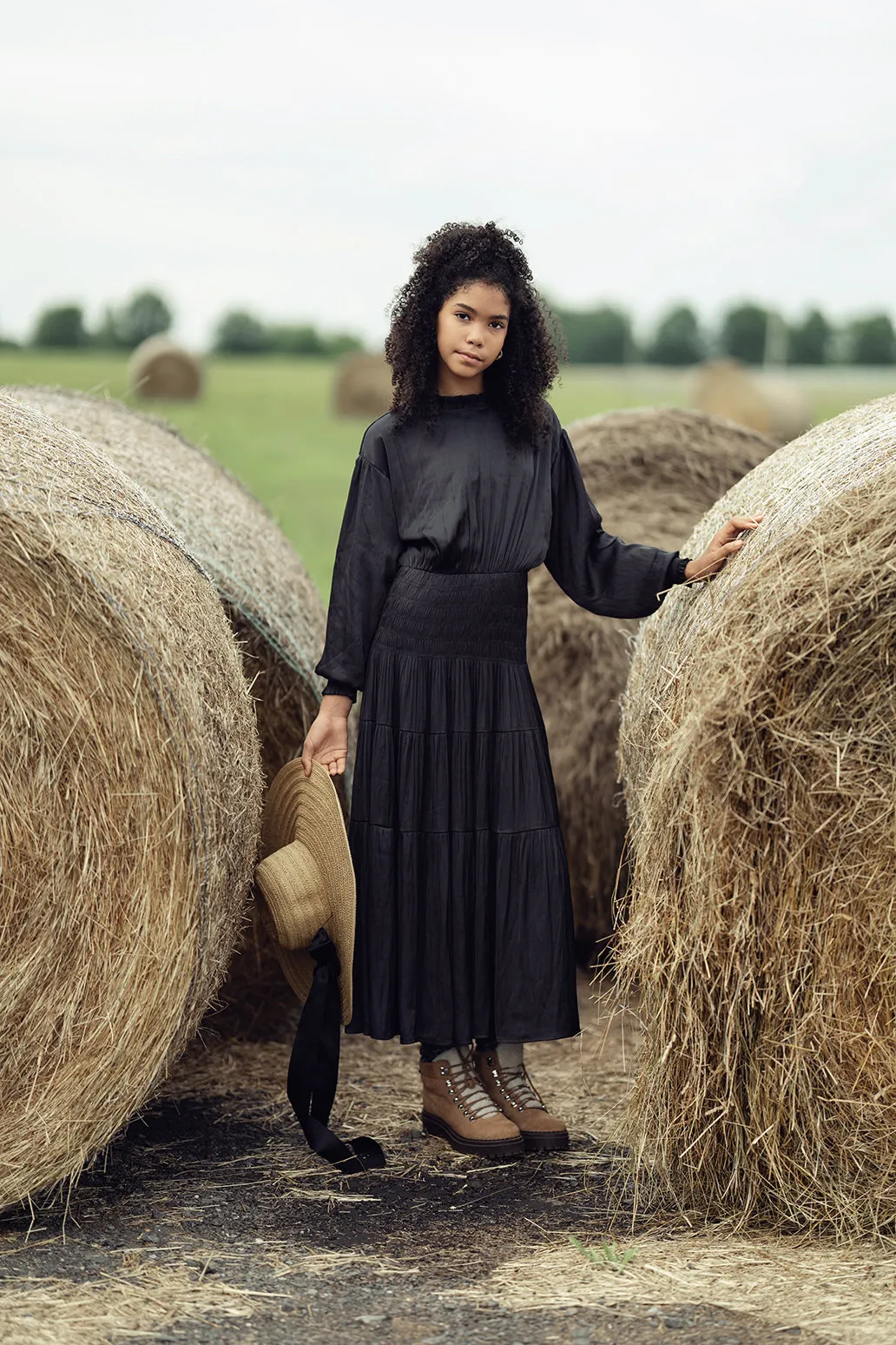Bamboo Black Silk Smock Waisted Puff Sleeve Dress