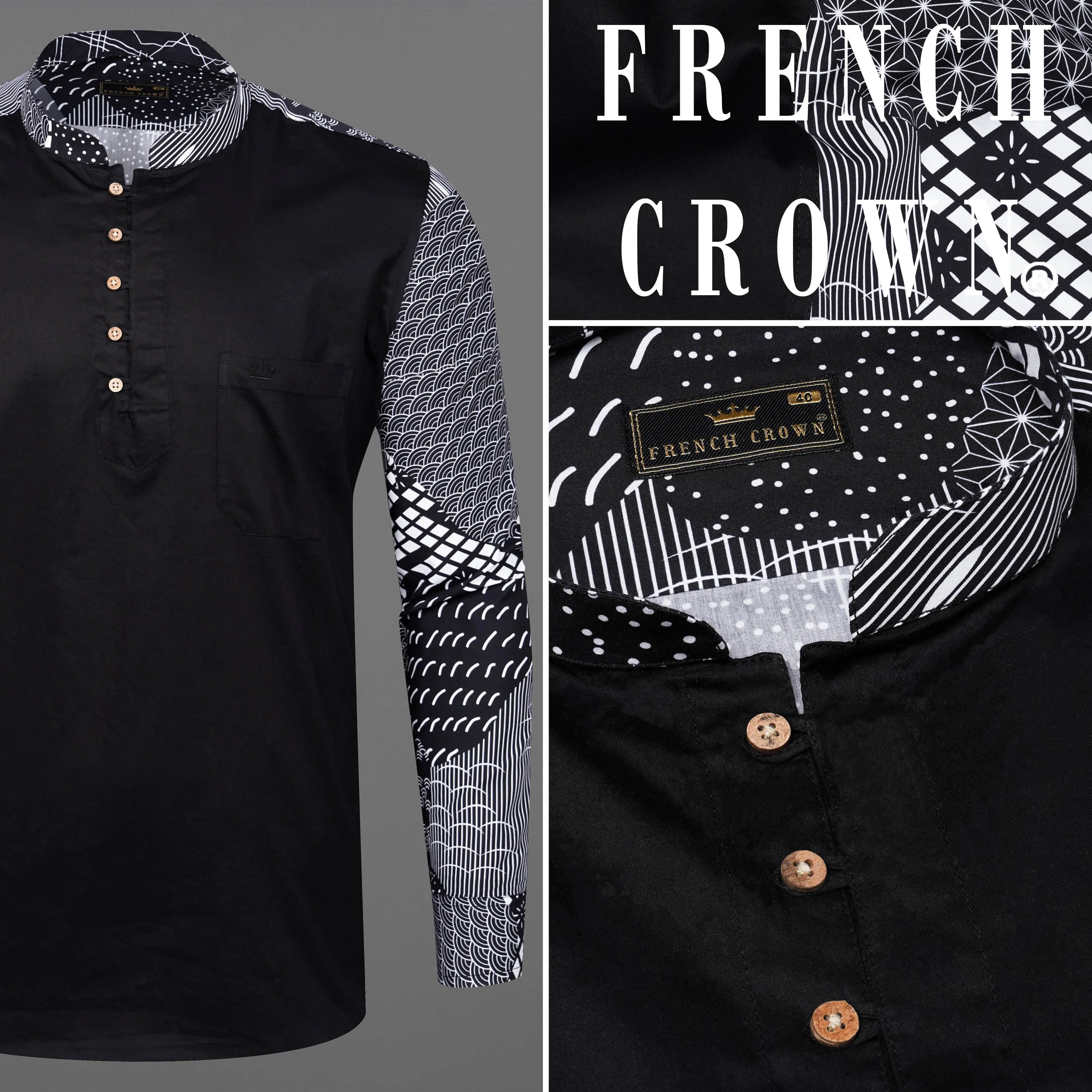 Black and White Quirky Printed Premium Cotton Designer Kurta Shirt