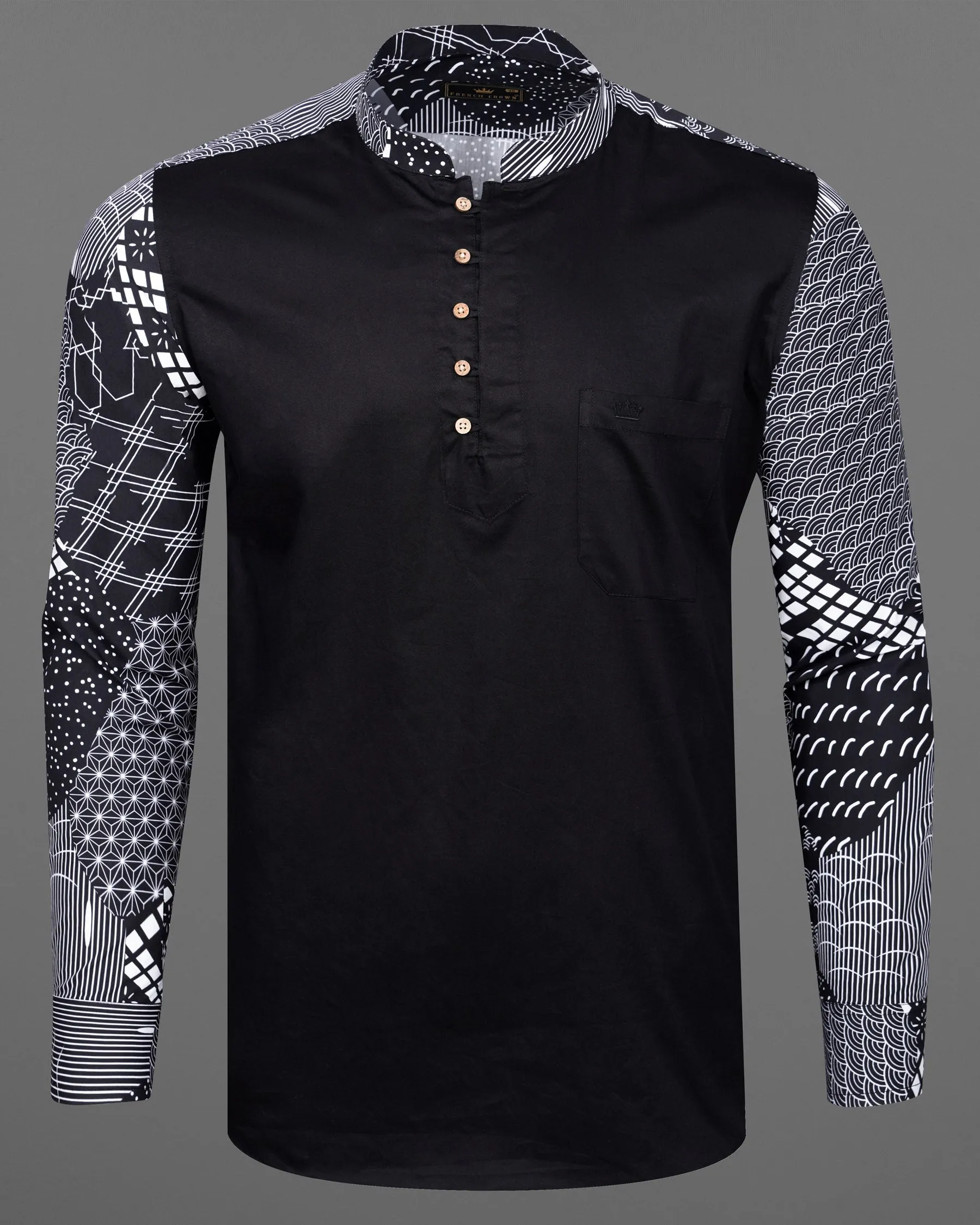 Black and White Quirky Printed Premium Cotton Designer Kurta Shirt