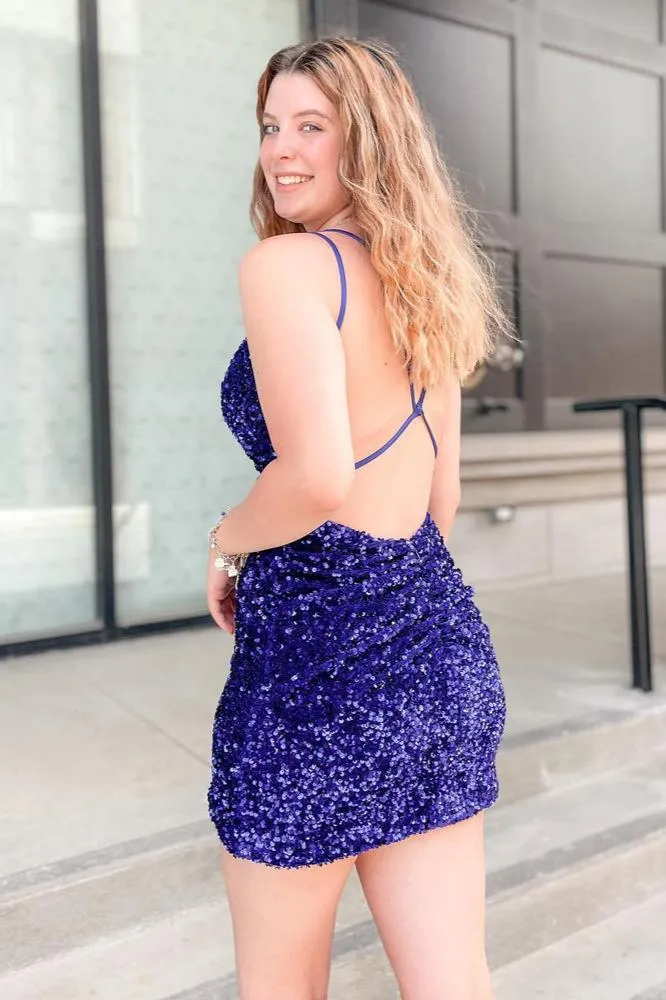 Bodycon V Neck Velvet Sequins Tight Short Homecoming Dresses VK0629002