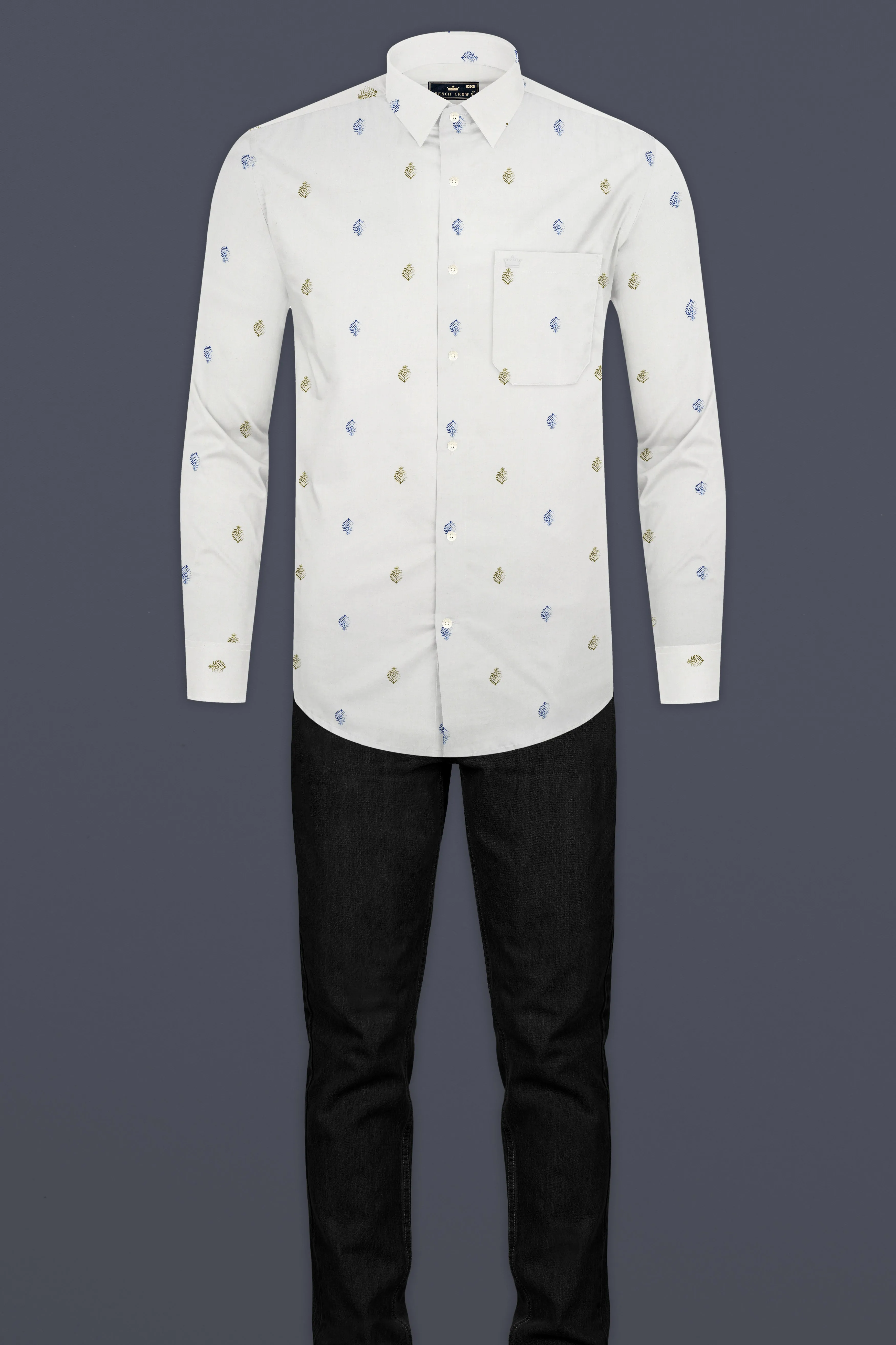 Bright White and Avocado Green Small Motifs Textured Super Soft Premium Cotton Shirt