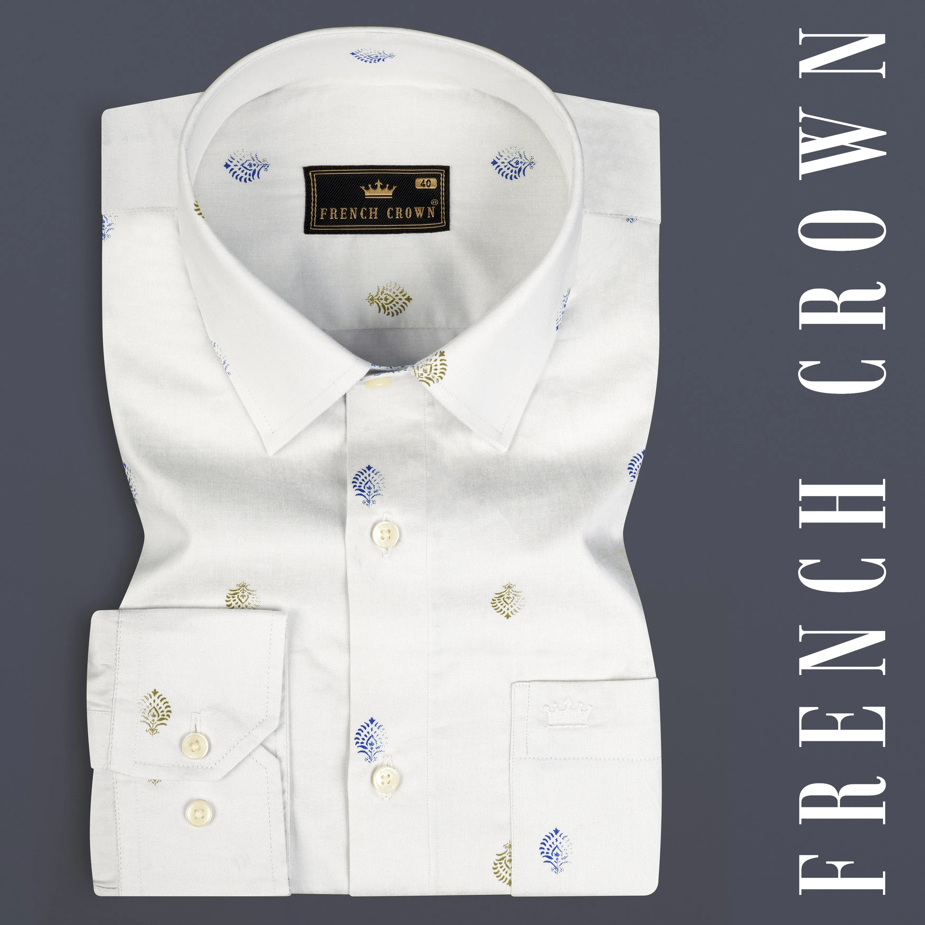 Bright White and Avocado Green Small Motifs Textured Super Soft Premium Cotton Shirt