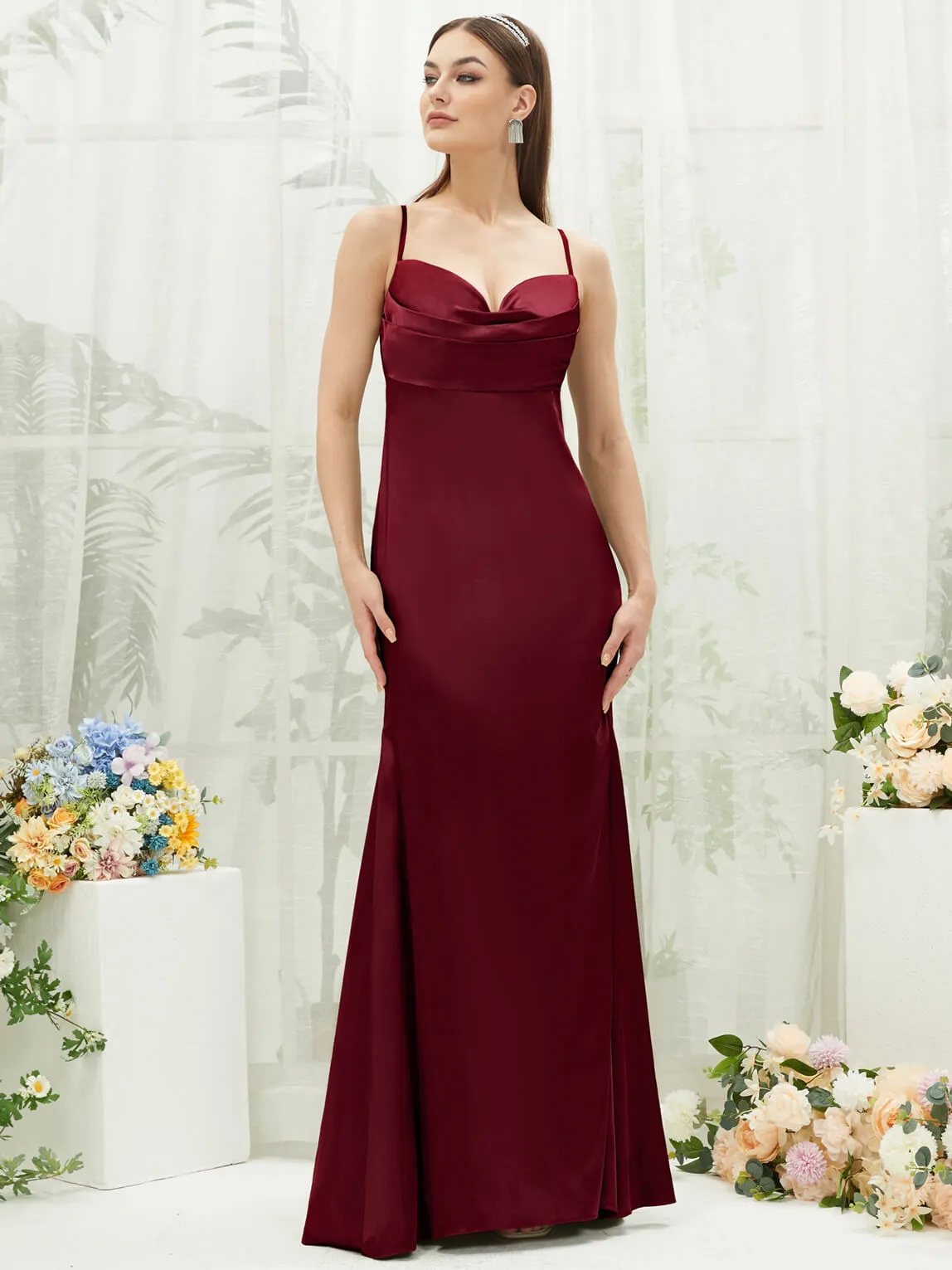 Burgundy Satin Cowl Neck Adjustable Straps Backless Long Bridesmaid Dress