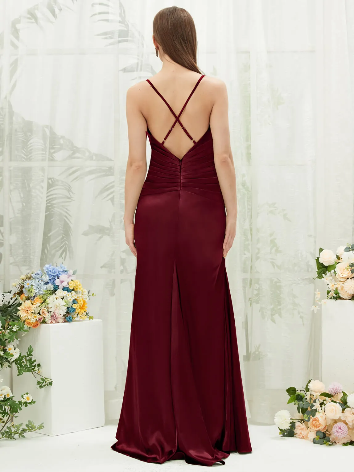 Burgundy Satin Cowl Neck Adjustable Straps Backless Long Bridesmaid Dress