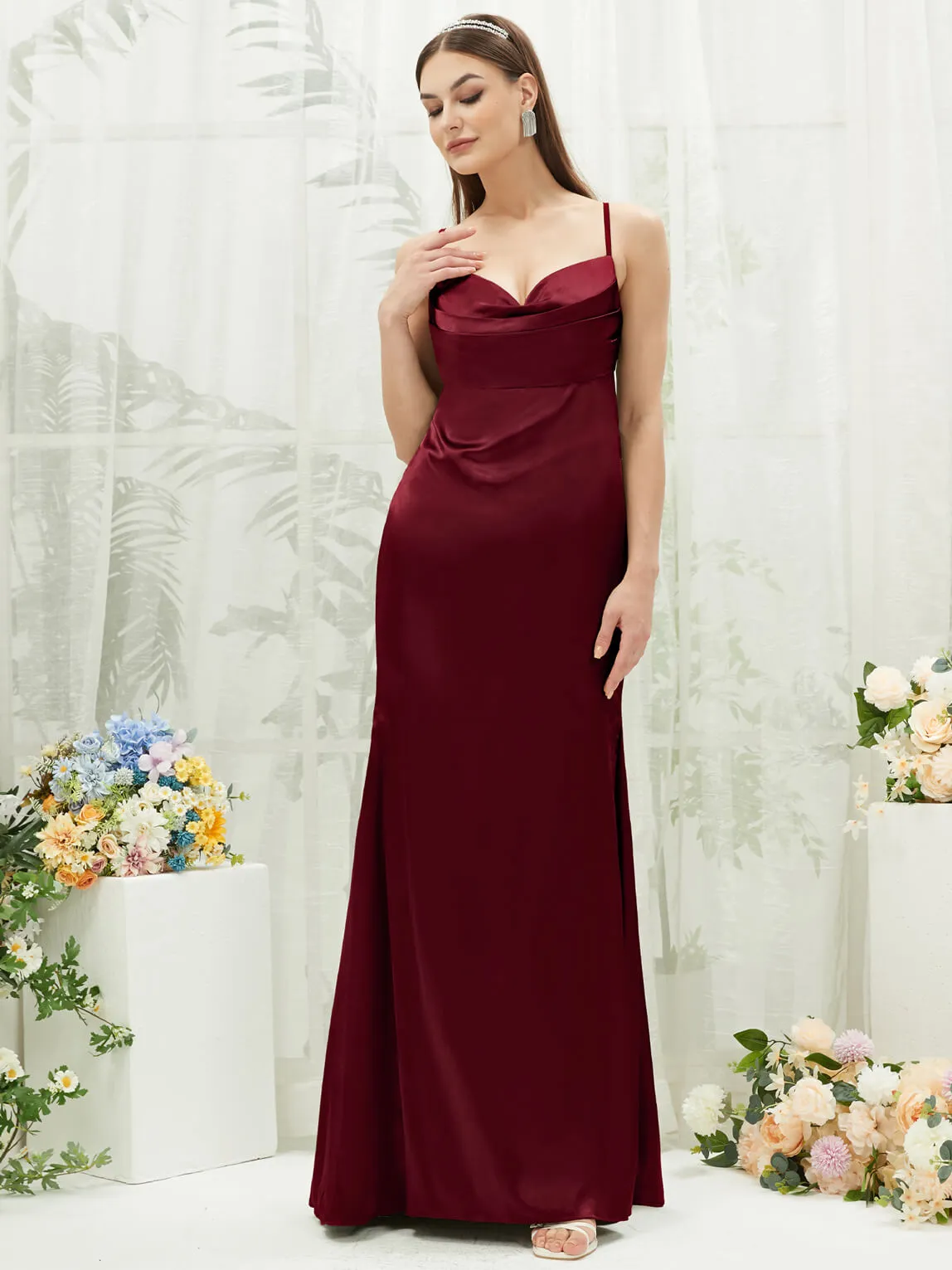 Burgundy Satin Cowl Neck Adjustable Straps Backless Long Bridesmaid Dress