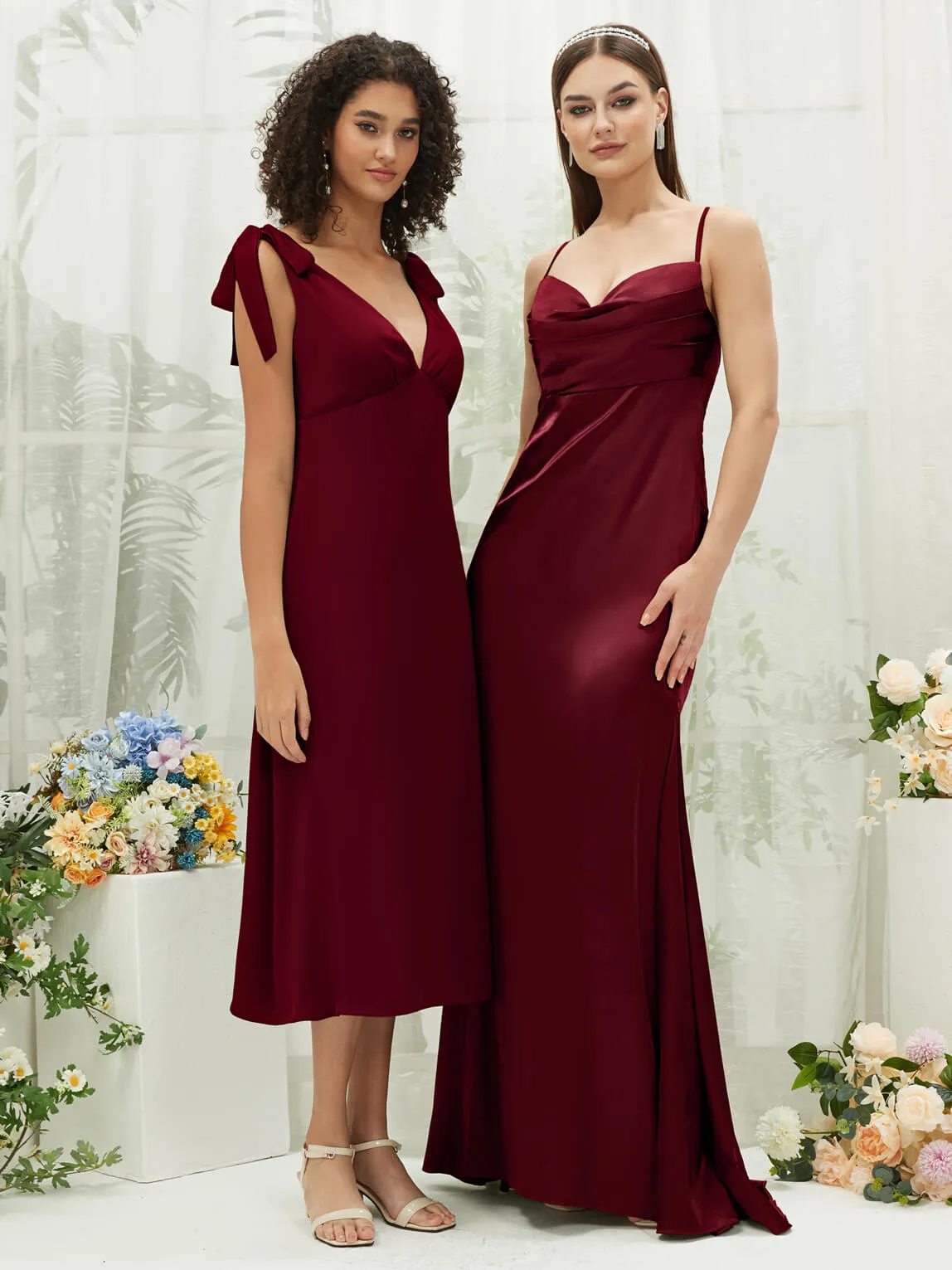 Burgundy Satin Cowl Neck Adjustable Straps Backless Long Bridesmaid Dress