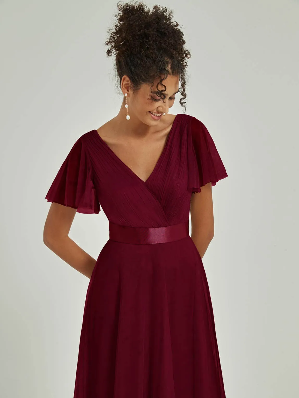 Burgundy Tulle V-Neck Ruffle Sleeves Floor Length Bridesmaid Gown