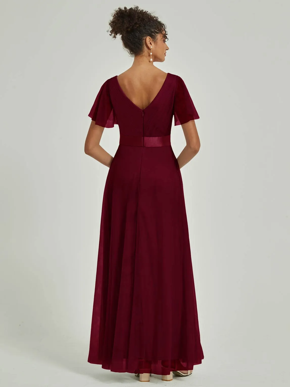 Burgundy Tulle V-Neck Ruffle Sleeves Floor Length Bridesmaid Gown