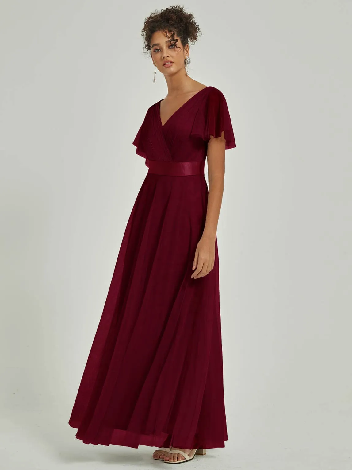 Burgundy Tulle V-Neck Ruffle Sleeves Floor Length Bridesmaid Gown