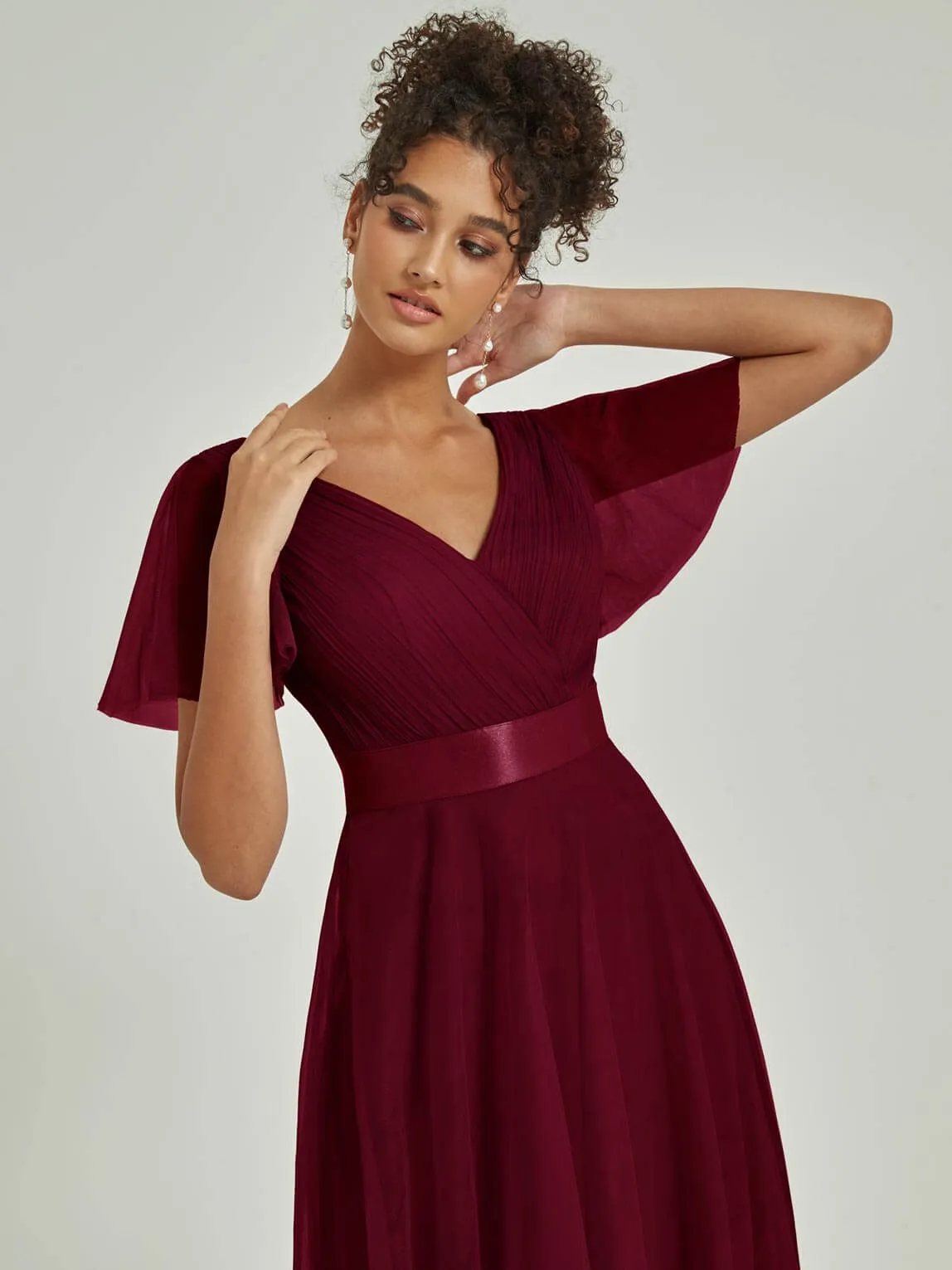 Burgundy Tulle V-Neck Ruffle Sleeves Floor Length Bridesmaid Gown