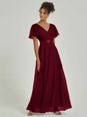 Burgundy Tulle V-Neck Ruffle Sleeves Floor Length Bridesmaid Gown