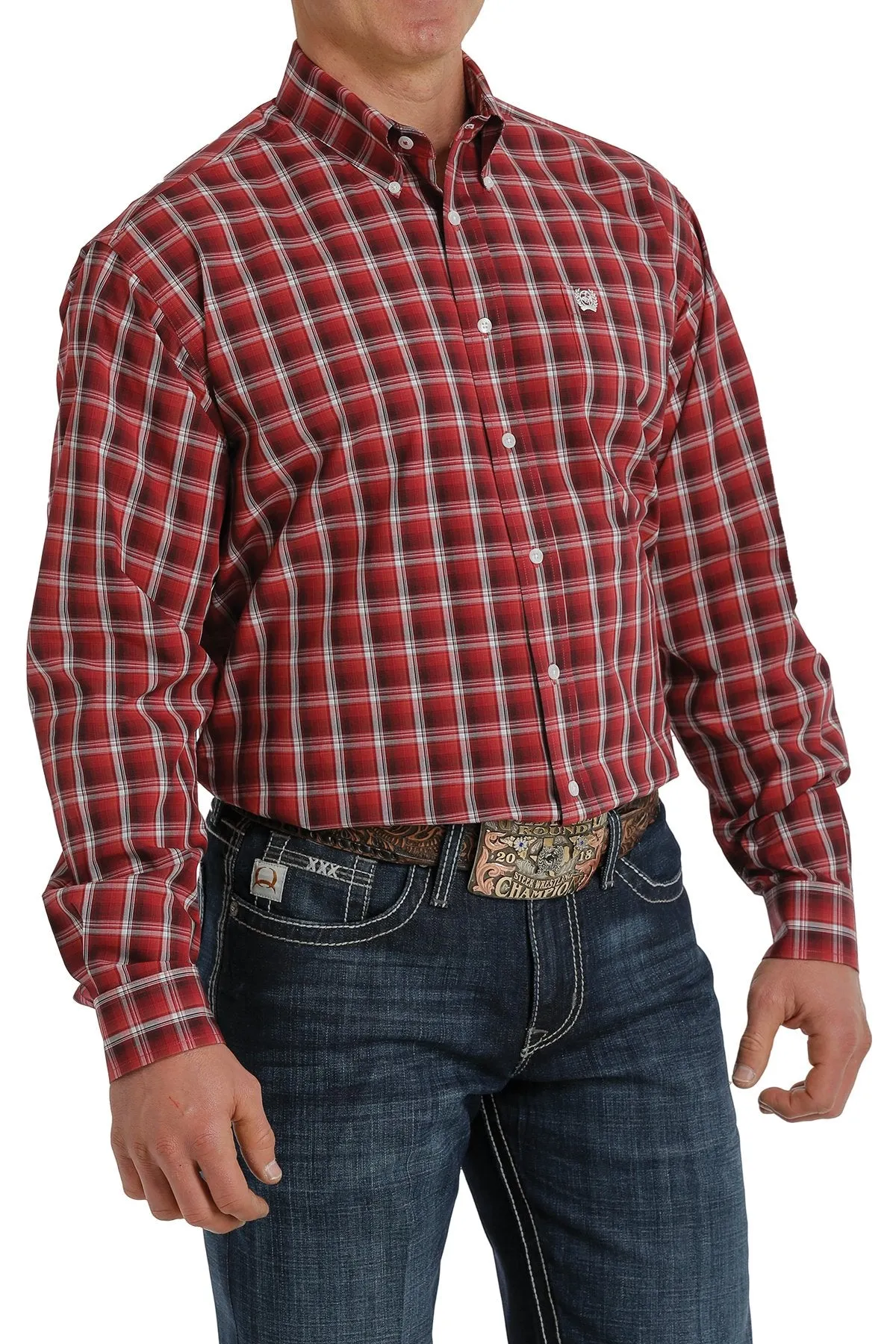 Cinch Mens Plaid Western Shirt - Coral/Black & White - MTW1105314