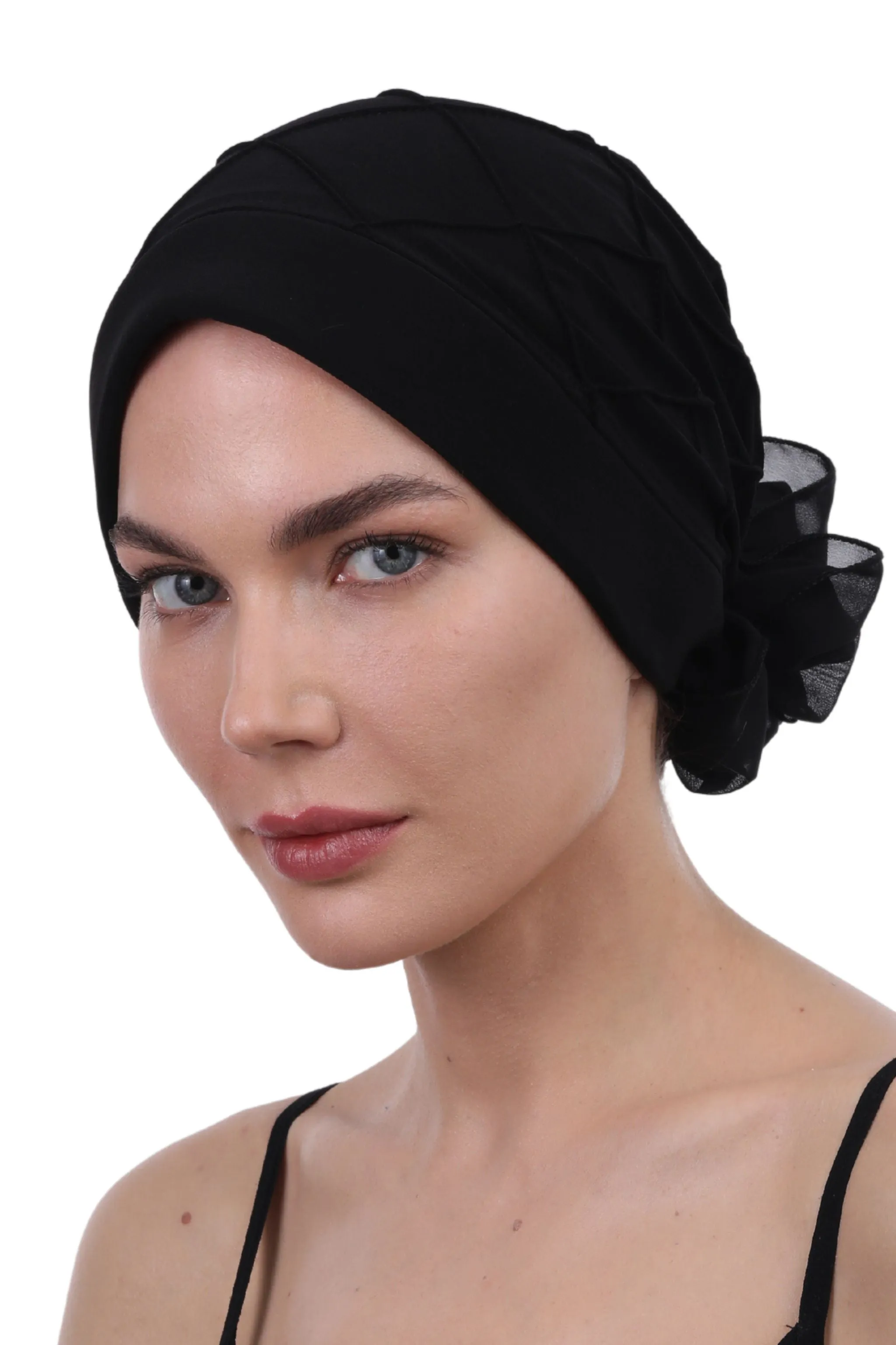 Diamond Patterned Hat with Georgette Flower
