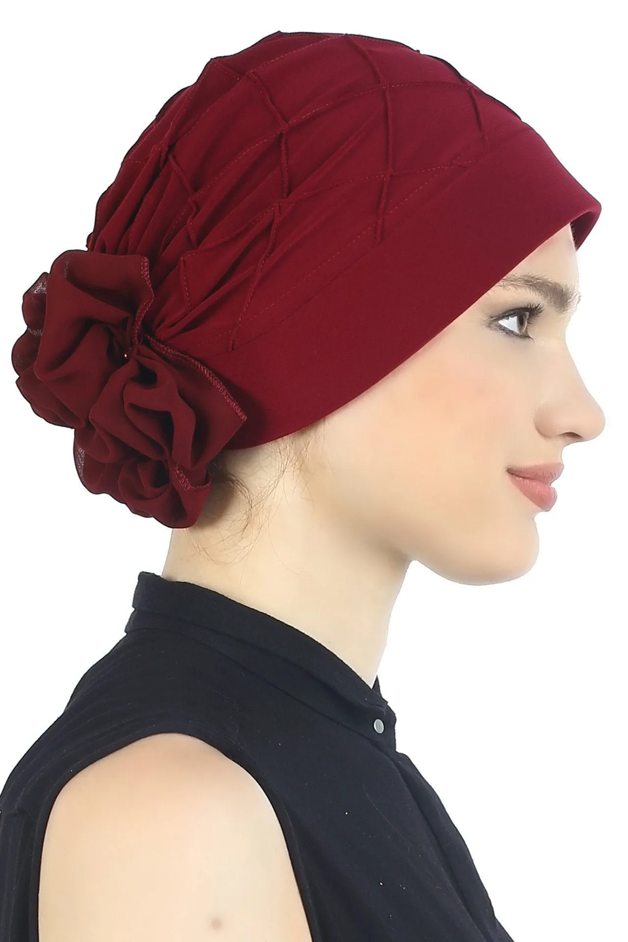 Diamond Patterned Hat with Georgette Flower