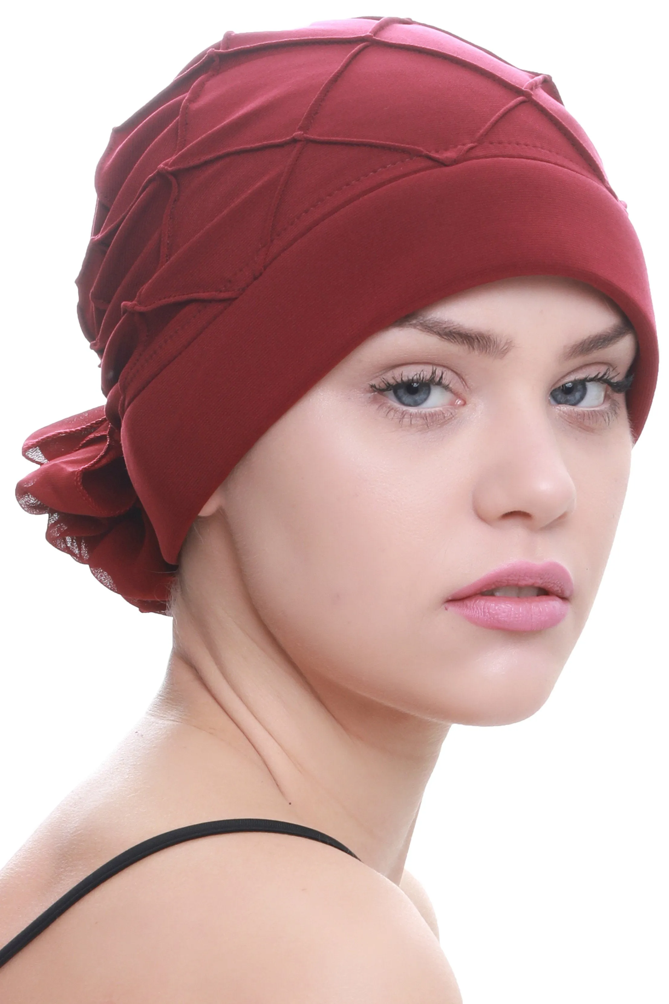 Diamond Patterned Hat with Georgette Flower