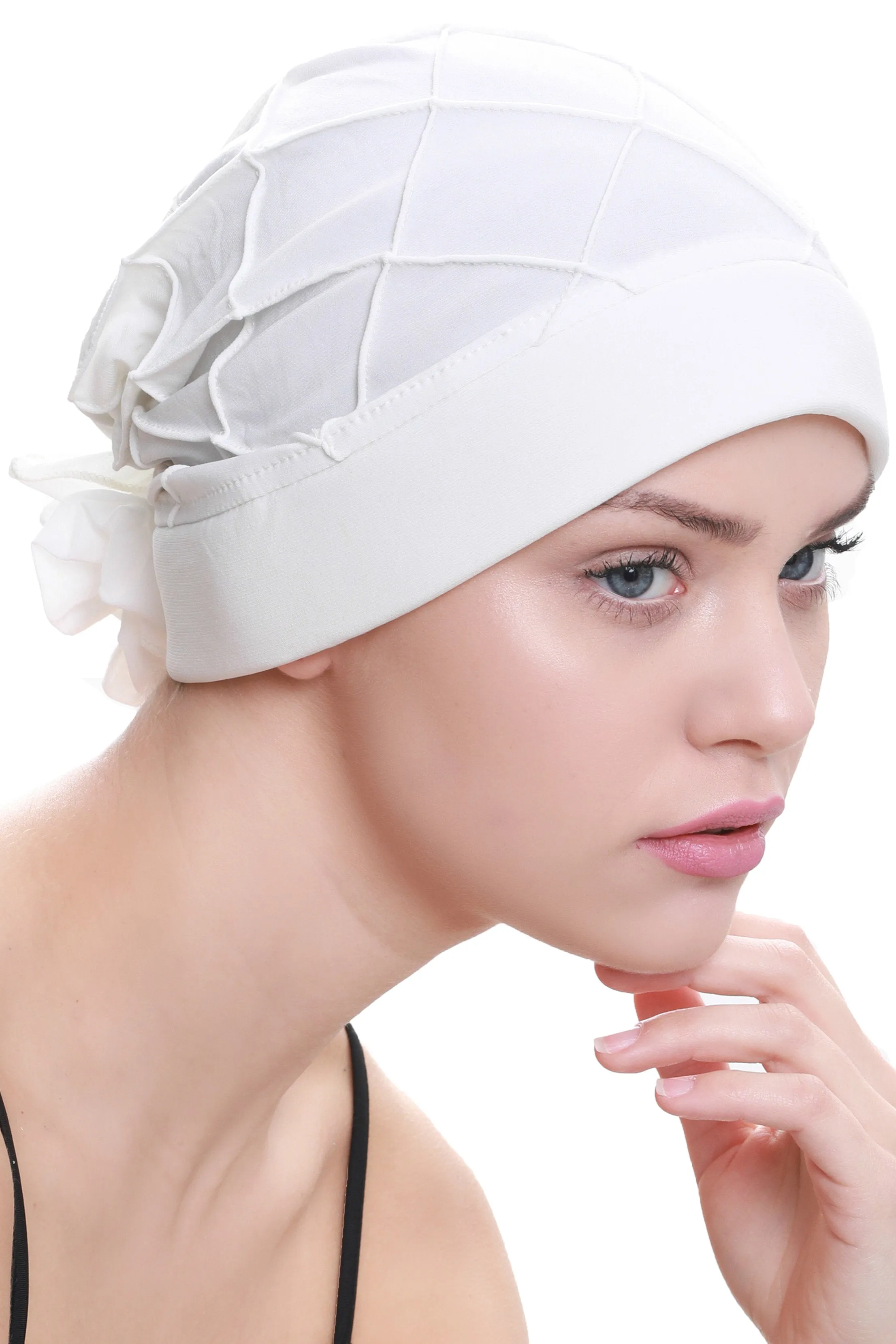 Diamond Patterned Hat with Georgette Flower