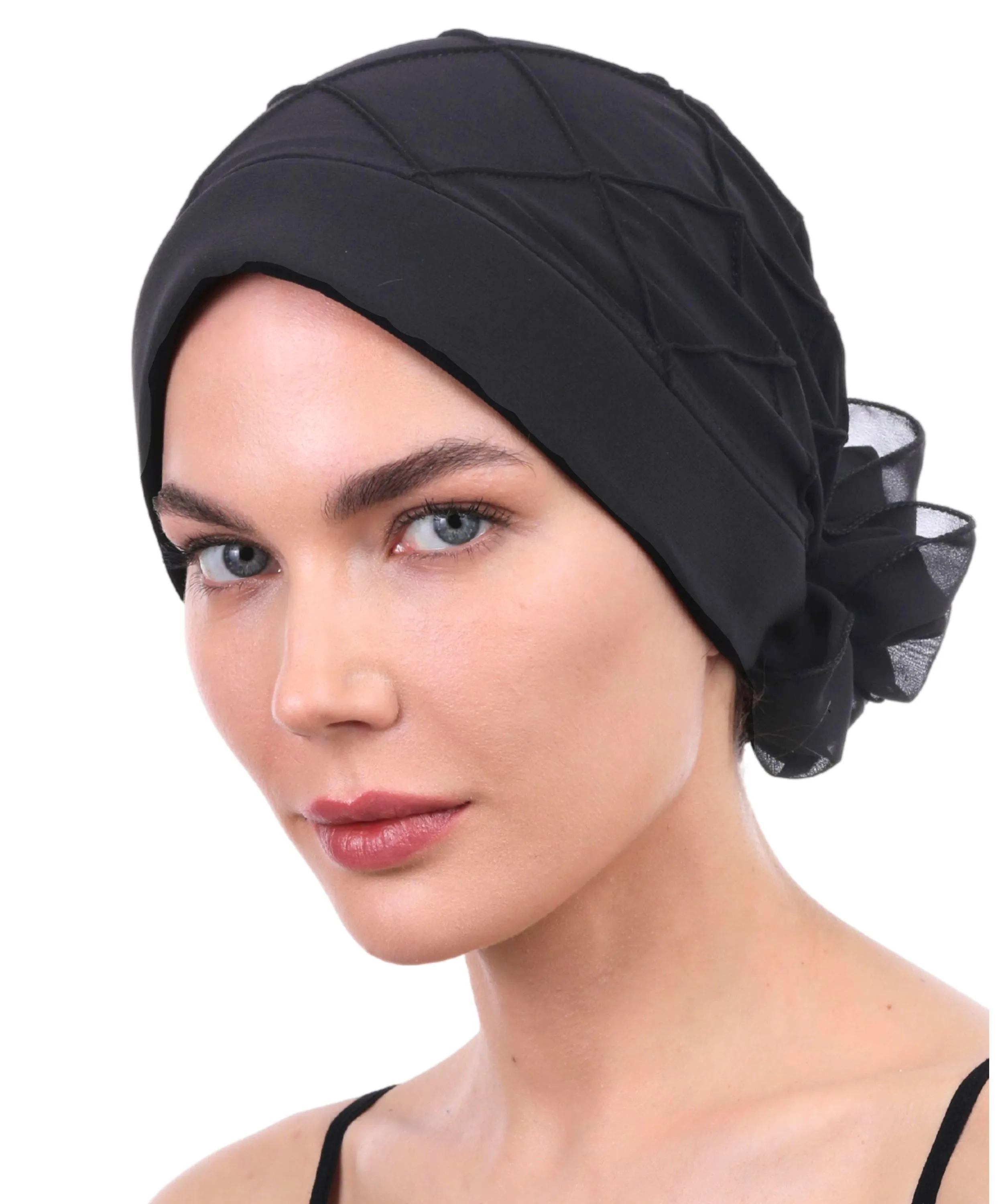 Diamond Patterned Hat with Georgette Flower