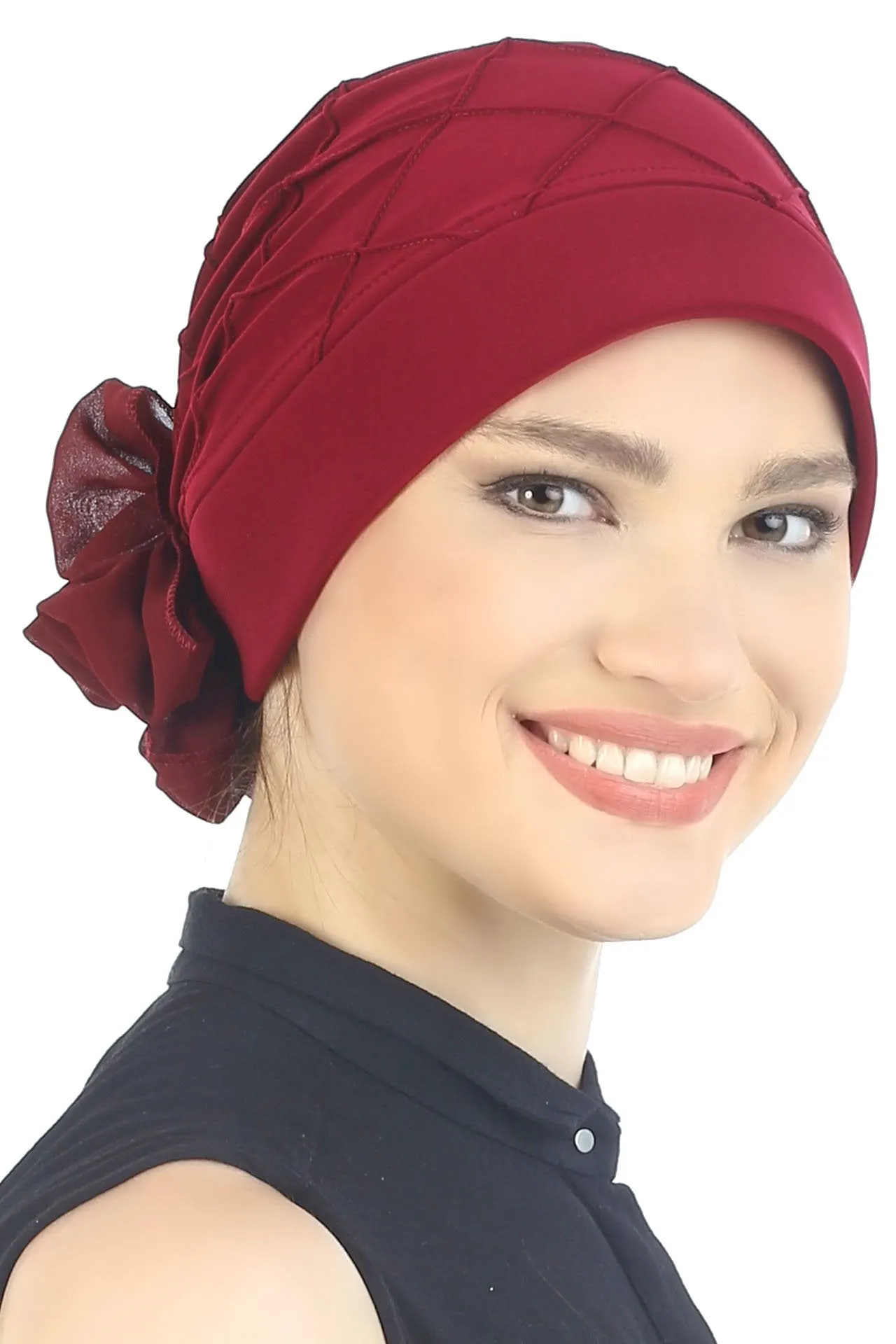 Diamond Patterned Hat with Georgette Flower