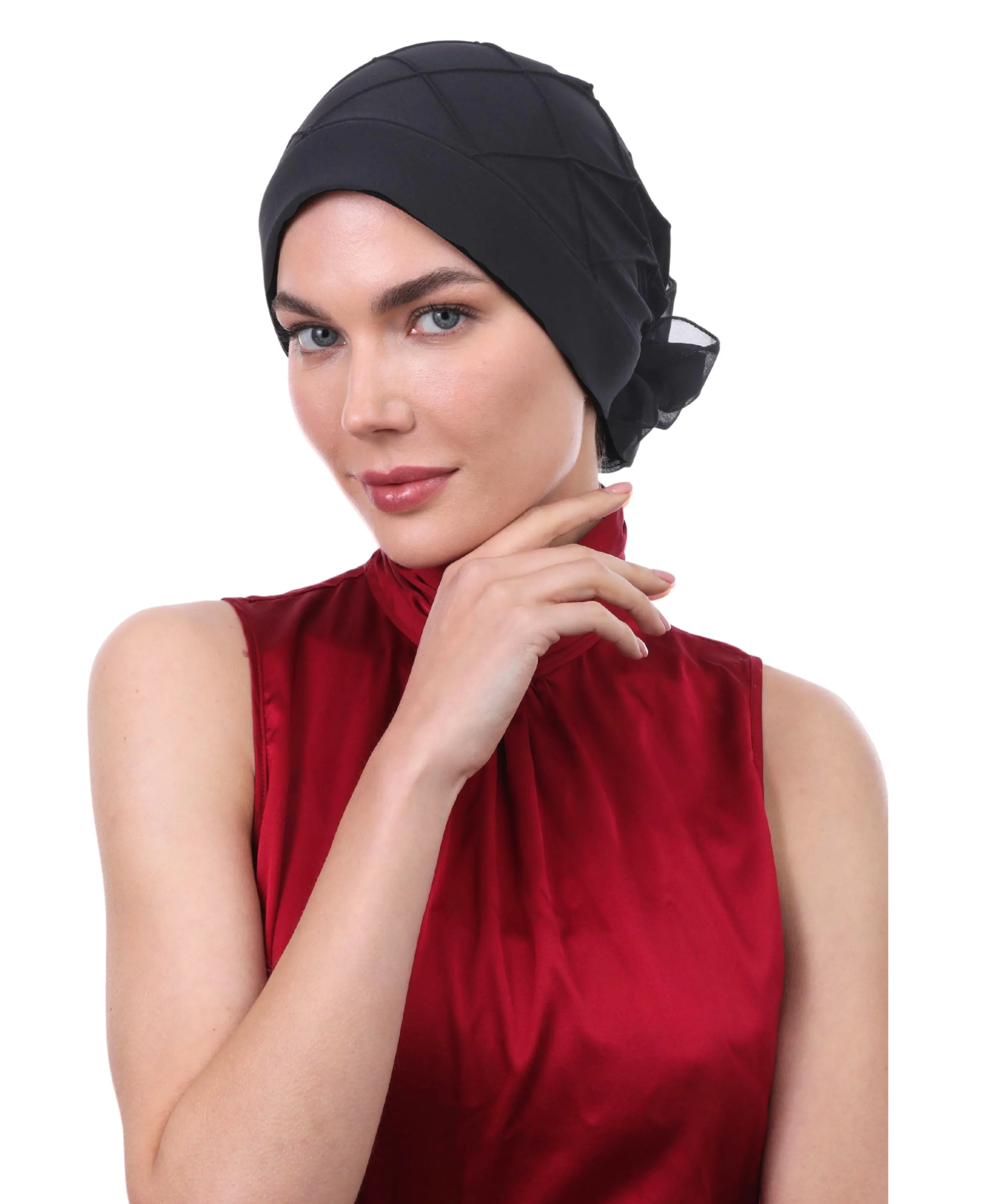 Diamond Patterned Hat with Georgette Flower