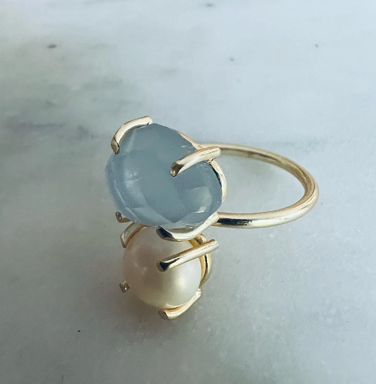 double decker : brass, amythest and Pearl ring