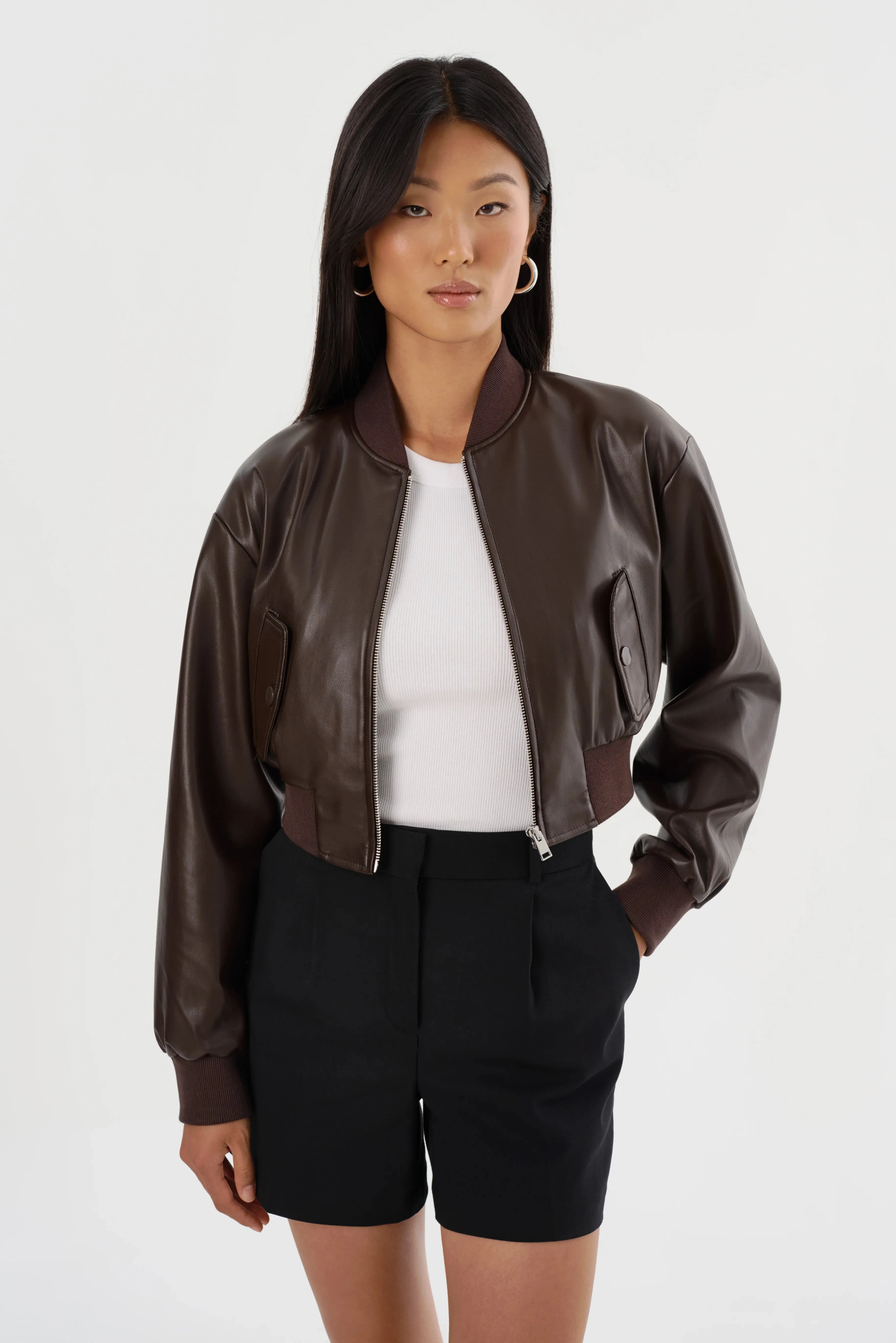 EVELIN | FAUX LEATHER CROPPED BOMBER
