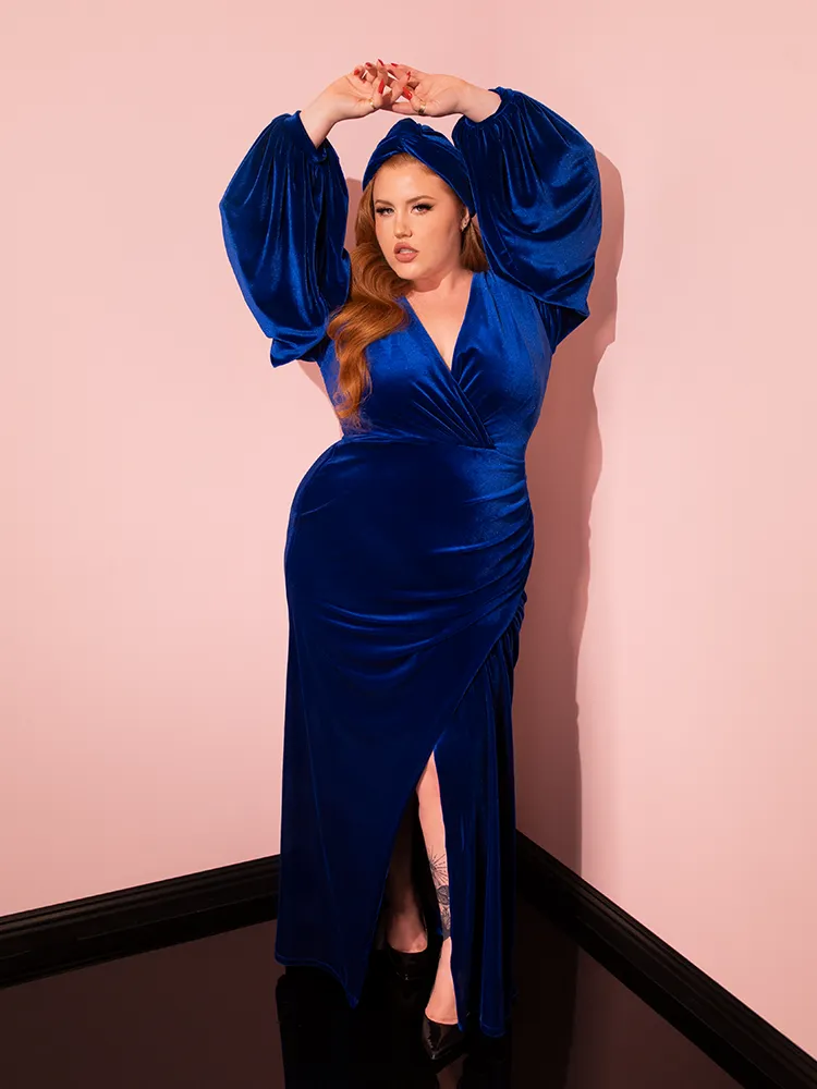 Film Noir Gown and Turbanette in Blue Velvet - Vixen by Micheline Pitt