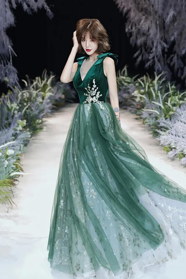Green Velvet Tulle Long Prom Dresses, V Neck Green Evening Dresses KPP1930