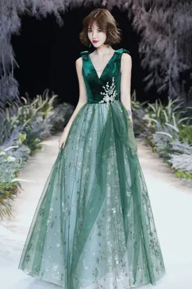 Green Velvet Tulle Long Prom Dresses, V Neck Green Evening Dresses KPP1930