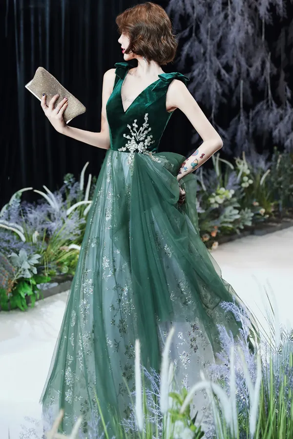Green Velvet Tulle Long Prom Dresses, V Neck Green Evening Dresses KPP1930